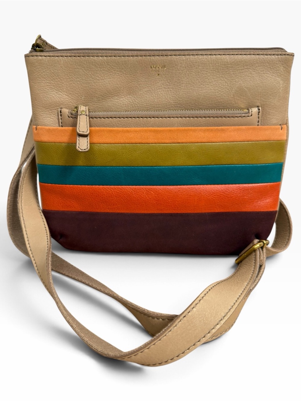 Fossil Genuine Leather Multicolor Stripe Crossbody Bag Taupe Boho Retro